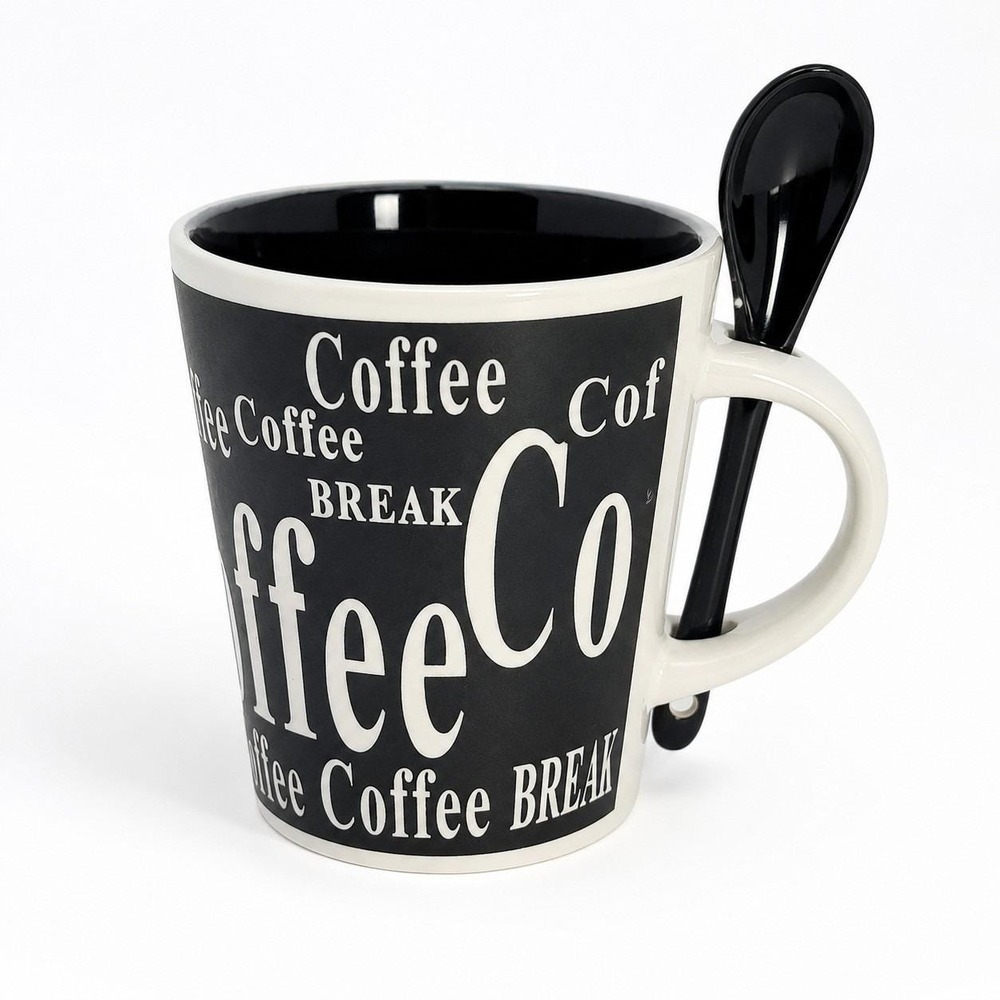 Mr. Coffee Coffee Break Black & White Ceramic Mug w/ Matching Spoon 13 oz